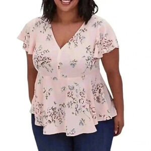 Torrid Babydoll Georgette Floral V Neck Flutter Sleeve Peplum Hem Top Pink Sz 1X